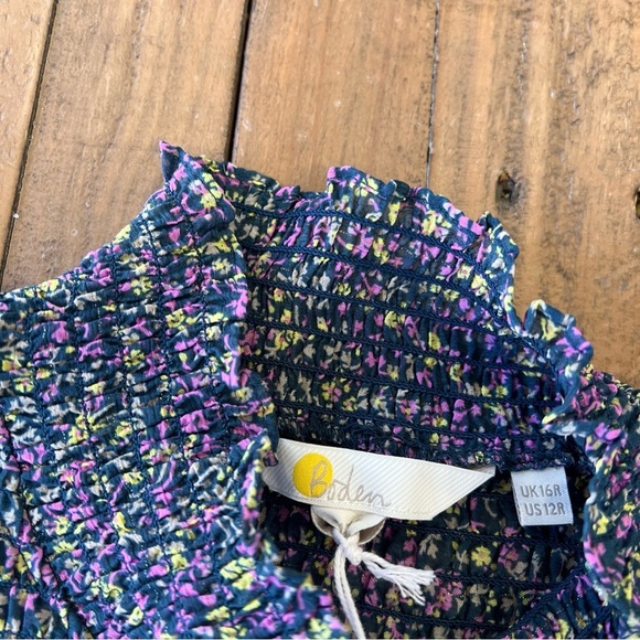 Boden Smocked Yoke Metallic Stripe Floral Mock Neck Preppy Size 12 Dress Belted - Picture 6 of 11